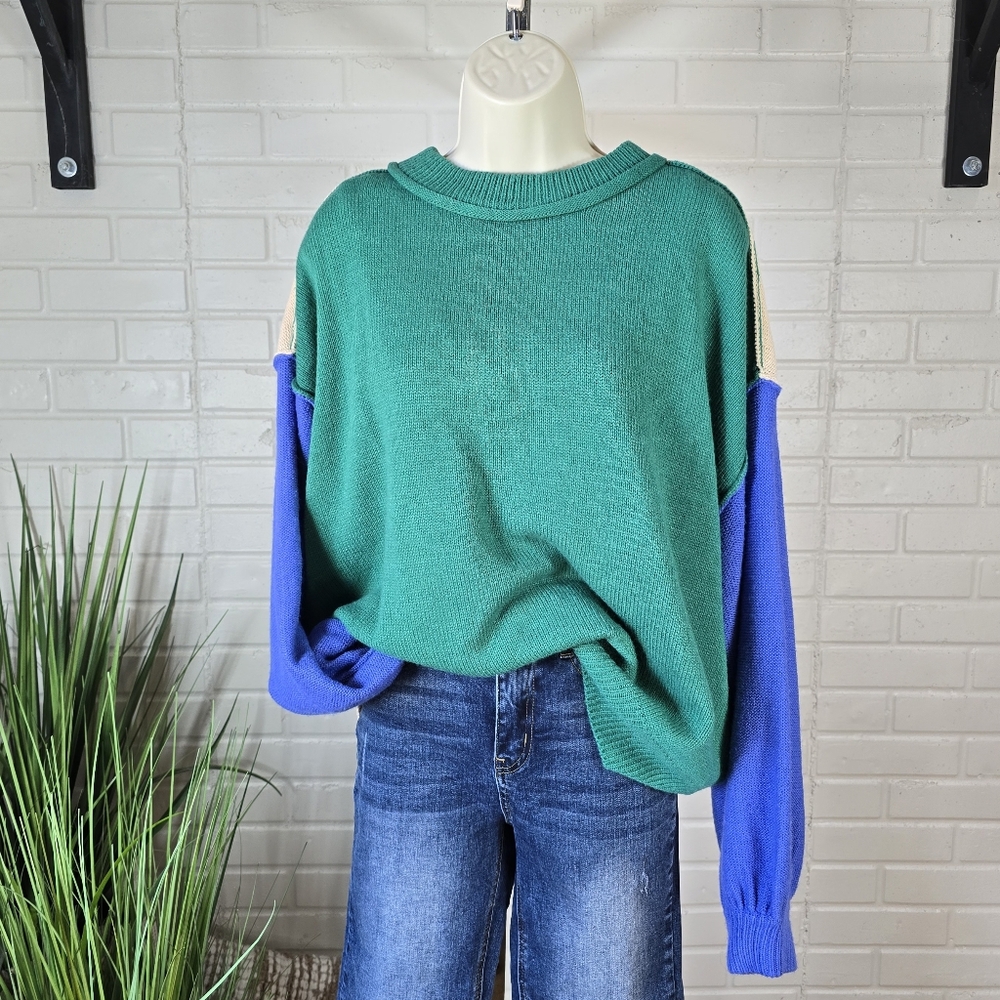 She and Sky Colorblock Green and Blue Drop Shoulder Sweater Oversized Medium